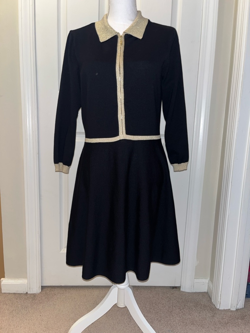 BCX Black Dress with Gold Trim Collar and Waist
